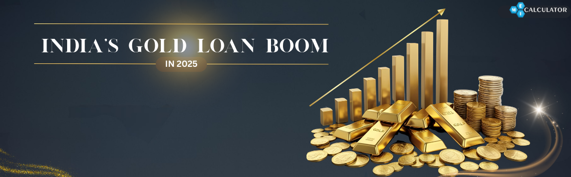 Graph showing rising trend in India’s gold loans in 2025 with gold bars and coins – EMI Calculator blog visual.